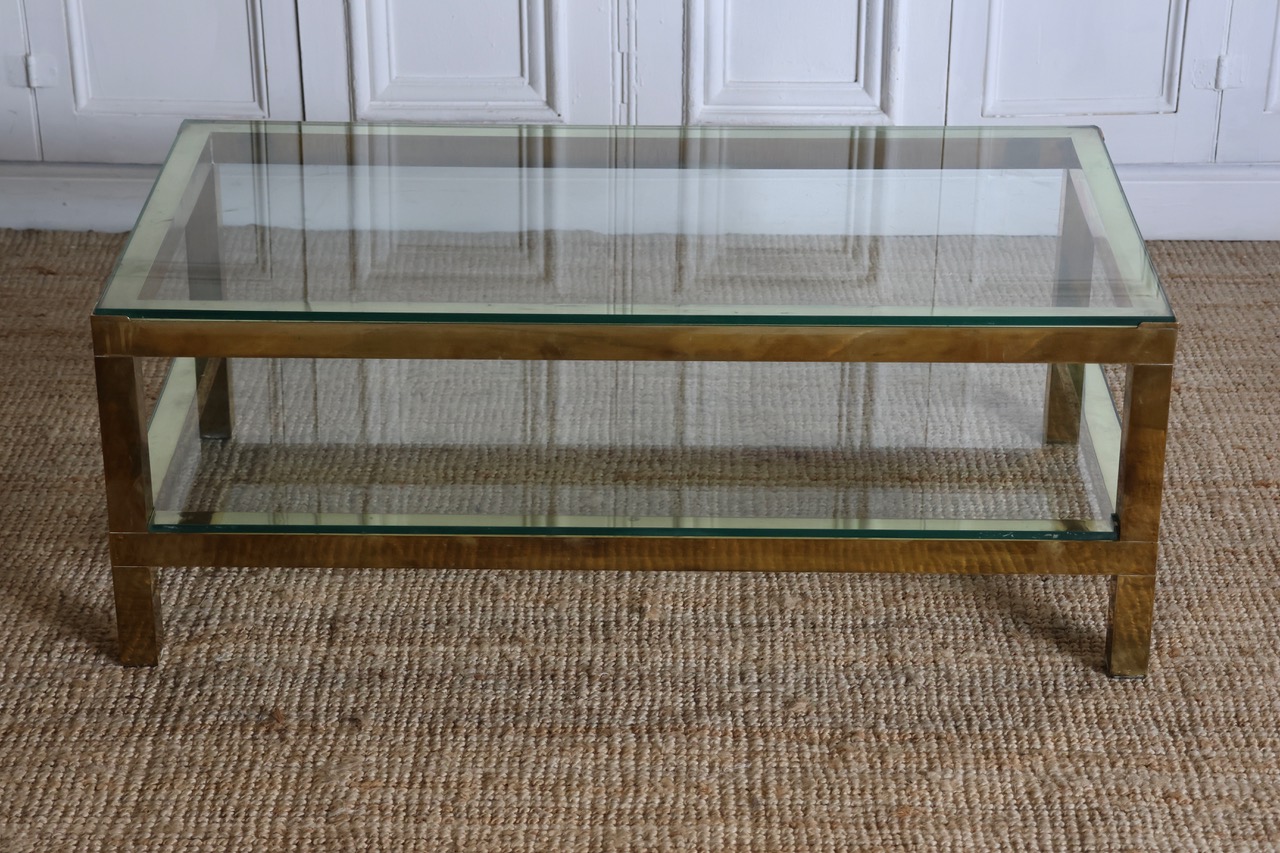 Circa 1970s Spanish Two Tier Brass & Glass Coffee Table