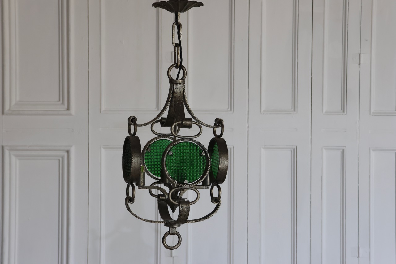 Stylish 1960s/70s Forged Iron and Glass Spanish Ceiling Light