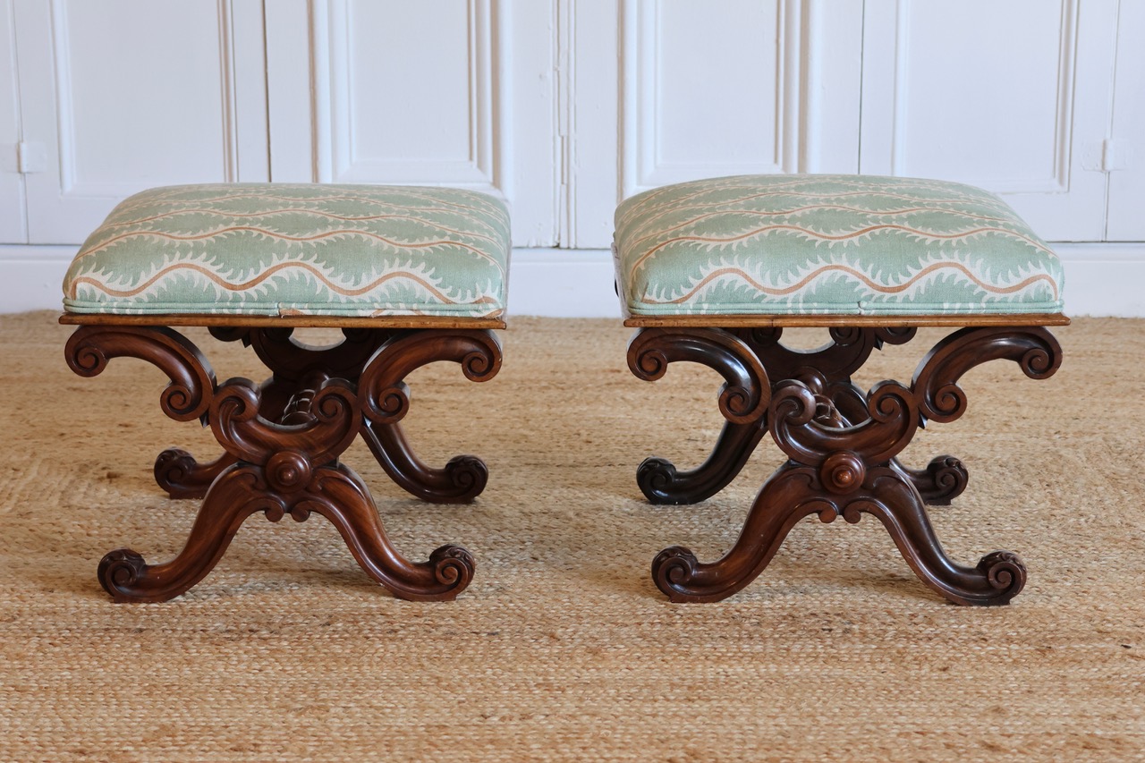 Pair of Mid 19th C Walnut X Frame Stools