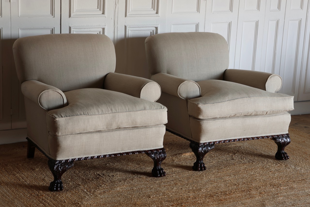 Comfortable Pair of Late 19th Century  English Upholstered Armchairs