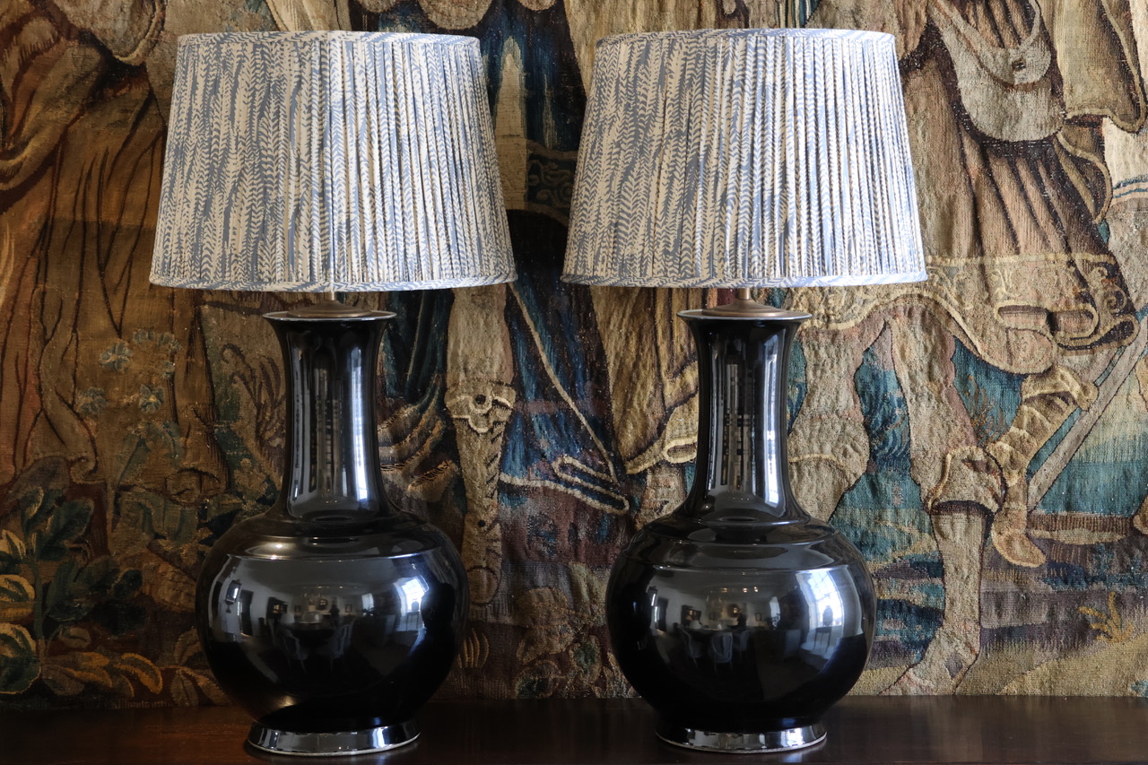 Large Pair of Mid C20th  Chinese Porcelain and Monochrome Black Glaze Vases Adapted as Table Lamps
