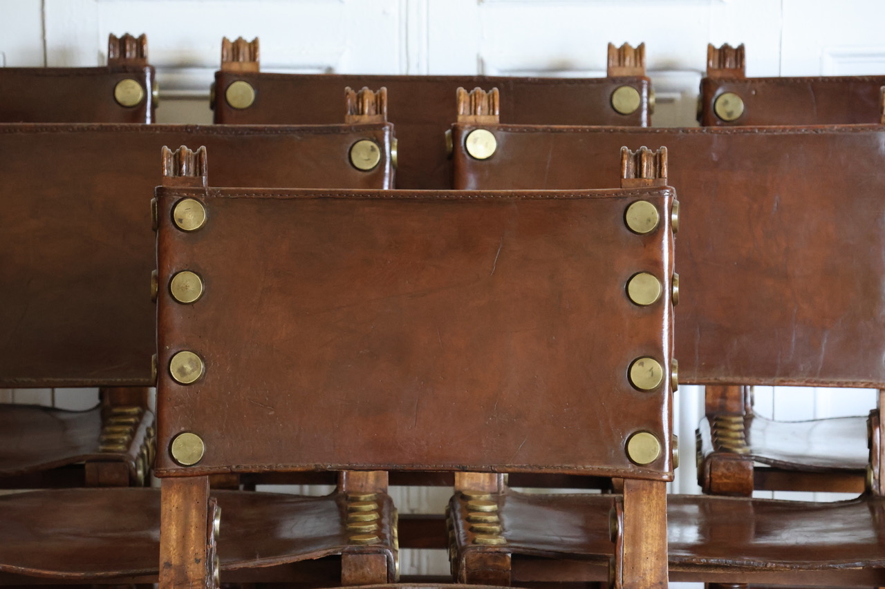 Set of Six  Spanish Walnut Leather Covered Chairs (With Impressive Brass Studs)