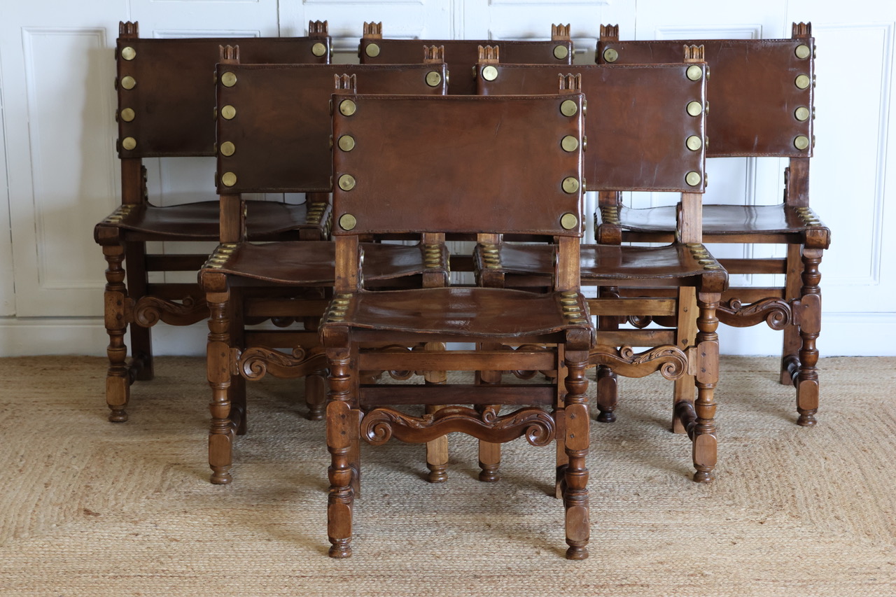 Set of Six  Spanish Walnut Leather Covered Chairs (With Impressive Brass Studs)