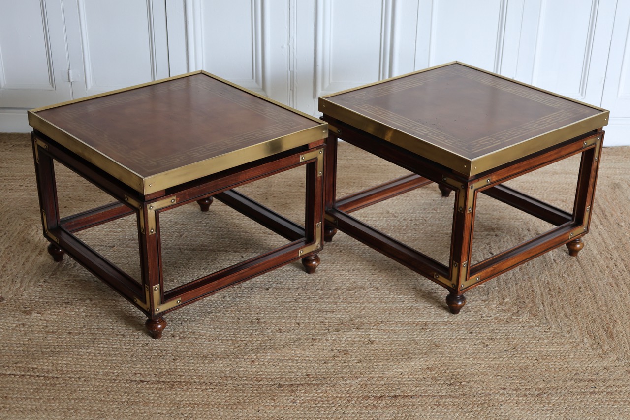 Pair of 1960’s/70s  Brass Mounted Beech Tables with Leather Tops